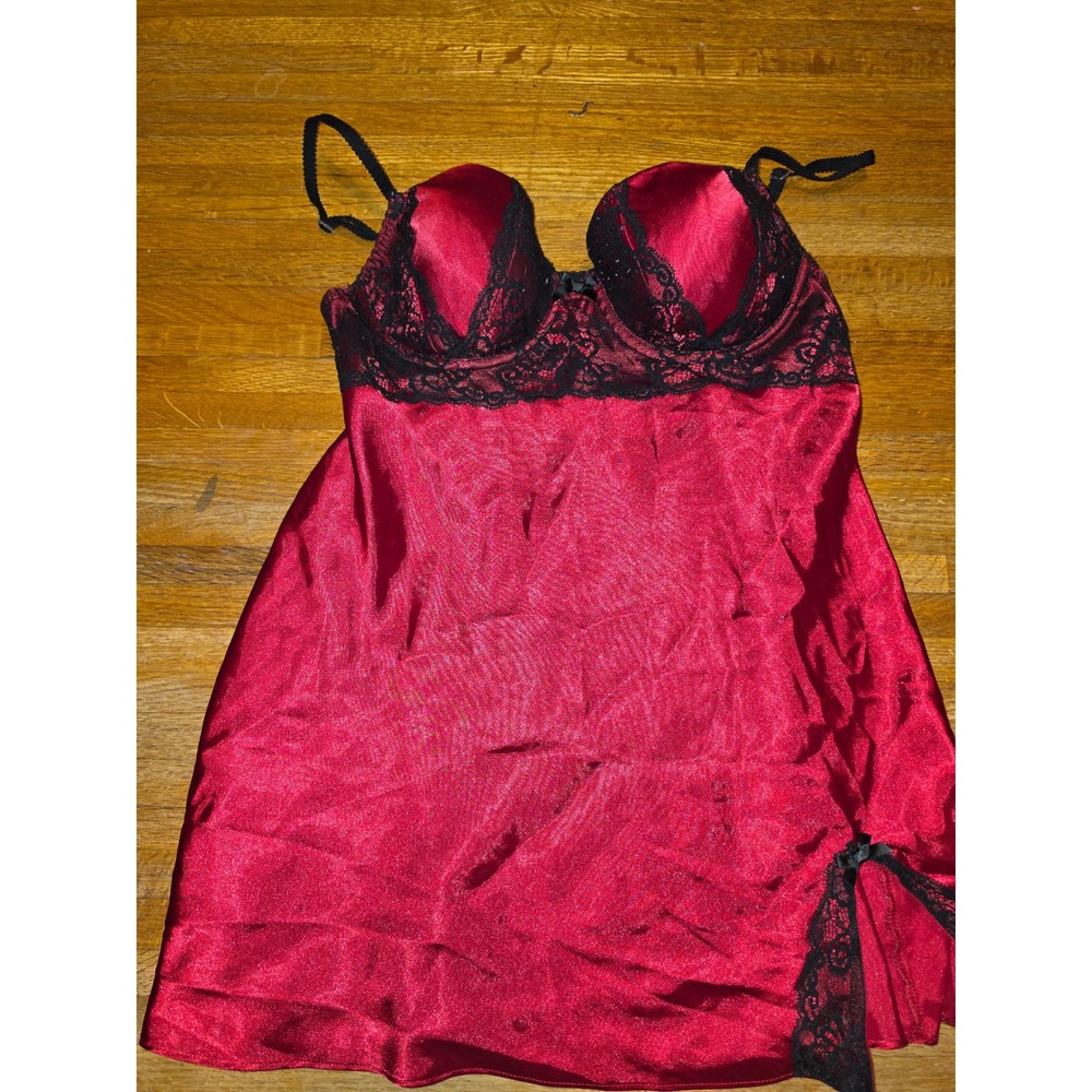 Apt 9 Women‎ Large Red Black Satin Lace Trim Babydoll Chemise Underwire Lingerie